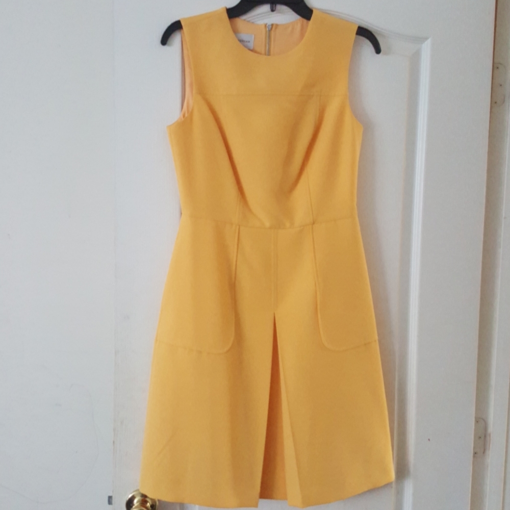 Donna Morgan mustard yellow flare dress